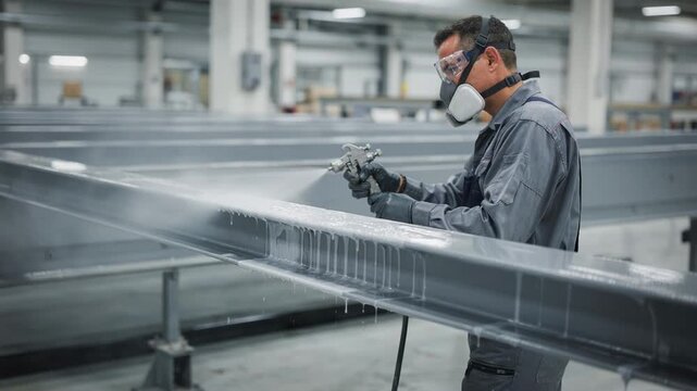 Medium shot capturing expert spraying topcoat protective film on metal beams enhancing corrosion resistance and surface finish in manufacturing facility.