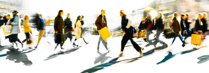 Postmodernism style, artistic motion of people with shopping bags crossing Oxford Circus junction at sunny day. London