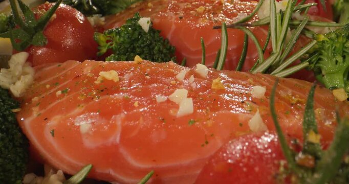 Indepth Shot Of Garnished Salmon Filets Under Professional Lighting