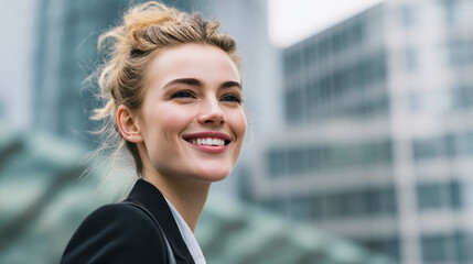 Fototapeta premium A young professional woman smiling outside a modern office building