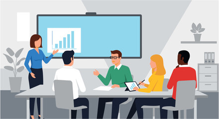 Obraz premium Business team meeting in modern office with presentation on screen in professional corporate setting for marketing