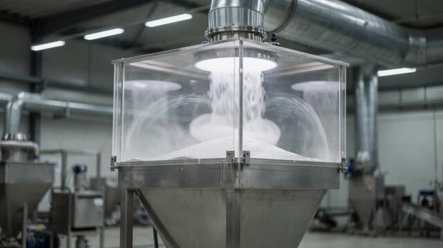 Medium shot of a powder detergent loading hopper enclosed with a dust containment hood capturing the extraction system minimizing airborne dust in an industrial setting.
