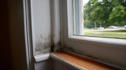 Fototapeta premium Close up window with visible damp, dirt, and potential moisture damage, showing neglected interior environmental concerns in a living space