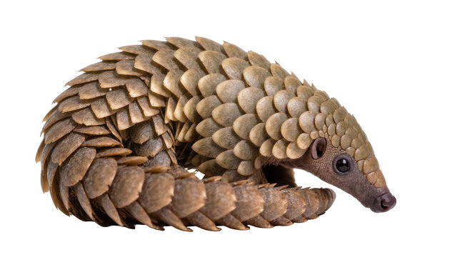 Curled up pangolin mammal with unique protective scales, captured in a detailed studio shot