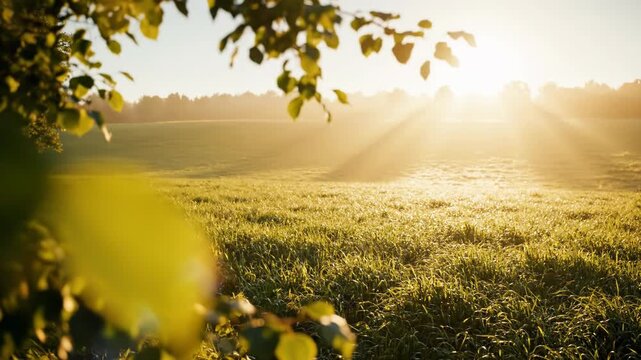 Warm sunlight filters through leaves in a serene grassy field at sunset