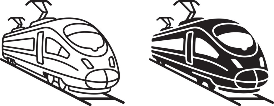 Modern high-speed train, bullet train icon, electric locomotive, fast public transportation, clean line art and silhouette