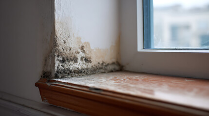 Obraz premium Serious Fungal Growth and Water Damage on an Indoor Wall Corner and Window Sill, Highlighting Home Maintenance Issues and Renovation Needs