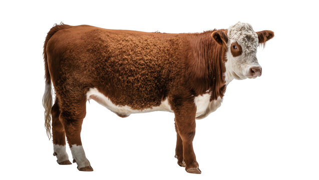 A majestic brown and white cow standing calmly with its distinct fur texture, full body shot