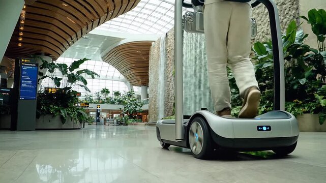 Person riding on a futuristic personal transportation device in a modern airport terminal with lush greenery and waterfall, showcasing innovative travel technology and sustainable design, symbolizing