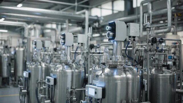 Medium shot of smart reactors logging cloudbased chemical batch information highlighting seamless remote monitoring and process optimization in industrial production.