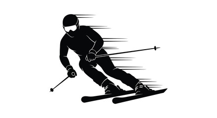 A dynamic depiction of a skier in motion captured as a striking black form against a white backdrop silhouette © CreativeAkash099