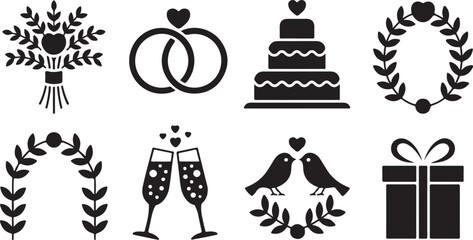 Obraz premium A set of elegant black silhouette icons depicting various symbols associated with weddings and special celebrations