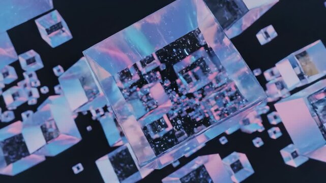 A dark background features glass transparent square plate shapes in abstract geometric blue and pink neon gradient design.