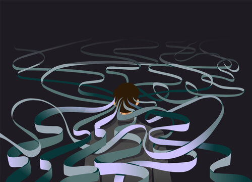 Digital information overload concept, overwhelmed person surrounded by tangled data lines, modern technology stress illustration