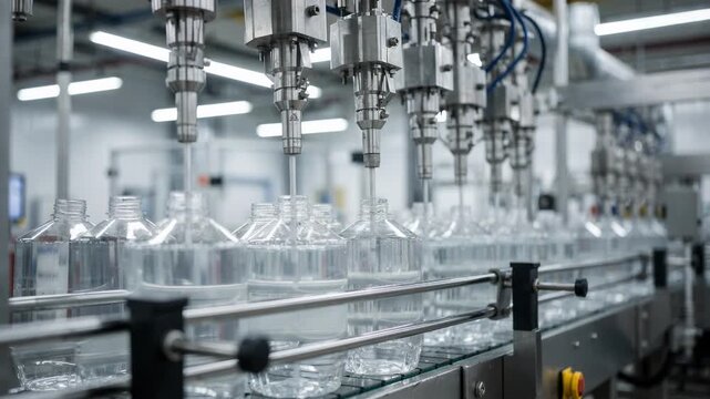 Medium shot of injector cleaner bottles being filled and capped on a highspeed conveyor system in a modern facility focused on automotive fuel additives.