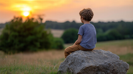 Fototapeta premium Lonely child sitting on a rock outdoors at sunset, emotional sadness and childhood isolation concept, defocused background, with copy space