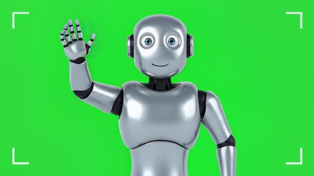Friendly silver robot character waving hello cheerfully, cinematic foreground shot isolated on a vibrant green screen with tracking markers
