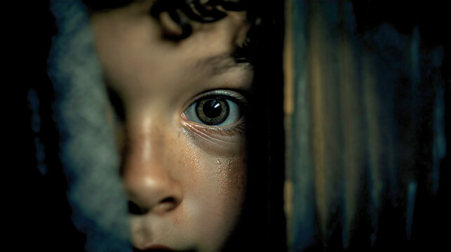 Close-up of a frightened child's eye peeking out from a dark hiding place, concept of phobias and psychological thriller.