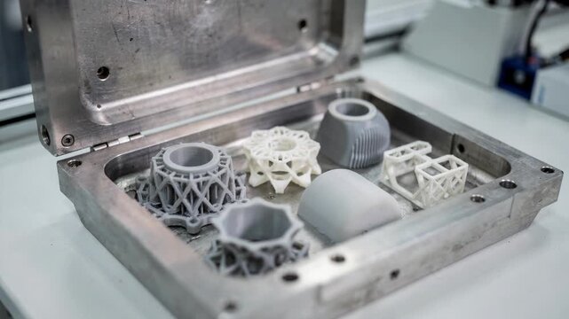 Medium shot of test die insert with 3Dprinted prototype components highlighting rapid design iteration capabilities in additive manufacturing workflows.