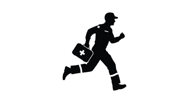 A dynamic black silhouette depicts a medical professional urgently running with a first aid kit embodying swift response silhouette high quality