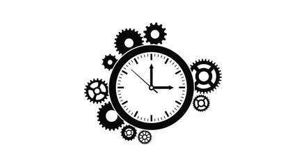 A striking black silhouette of a clock surrounded by gears representing time and mechanics with a bold design silhouette high quality © CreativeAkash099