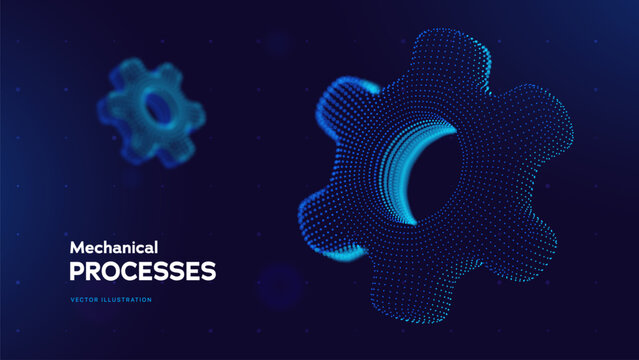 Futuristic Mechanical Processes Design With Blue Dotted Torus, Gear Shaped Ring, And Smooth Technological Flow On Dark Gradient. Industrial Components. Vector Illustration.