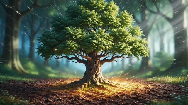 a stylized growth sequence of plants across the lower frame beginning with a tiny seedling and ending with a large lush tree each plant is illuminated by a warm golden orange glow at the base casting 