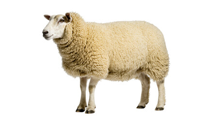 Adult domestic sheep with thick wool standing and looking curiously to the side, full body © Antonio