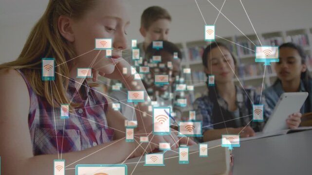 Animation of network of connections over schoolboy using computer