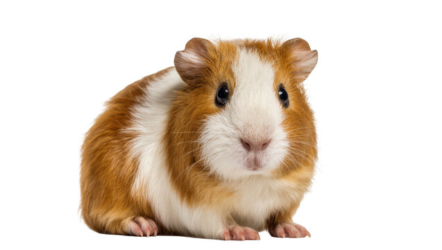 Adorable young furry brown and white domestic guinea pig pet rodent standing and looking