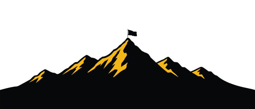 A minimalist vector illustration of a mountain peak with a flag representing success and victory Vector
