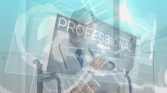 Animation of data, globe and business texts over caucasisan senior doctor on wheelchair