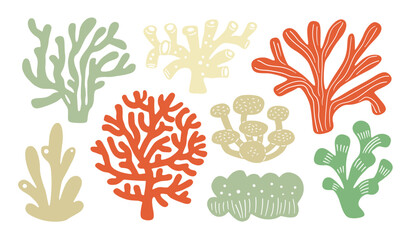 Abstract underwater flora, simple organic coral set. Modern silhouette elements, sea or ocean summer collection. Reef nautical botany illustration. For decoration, print, design. Tropical exotic. © Anna