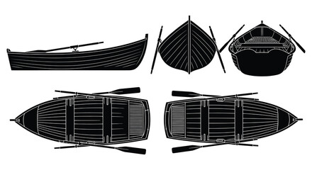 Detailed black and white illustrations showcase various views of a rowboat presenting a striking silhouette high quality professional detailed modern elegant © CreativeAlim02