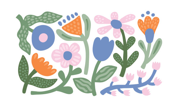 Simple naive flowers set. Collection of summer or spring flora. Stickers plants and flowers. Set of beautiful bloom in cartoon doodle modern style.  Cute color palette. Childish illustration print.