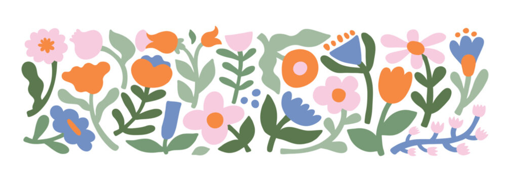 Simple naive flowers set. Collection of summer or spring flora. Stickers plants and flowers. Cute color palette. Set of beautiful bloom in cartoon doodle modern style. Childish illustration print.