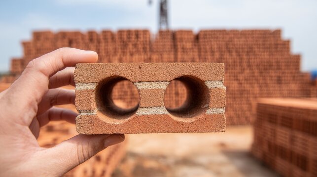 Hand holding brick construction material red clay block building industry stack background masonry architecture texture closeup industrial concept with hollow holes and raw earthy surface detail