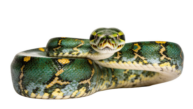 Striking green and yellow patterned tree python snake coiled and looking directly at camera