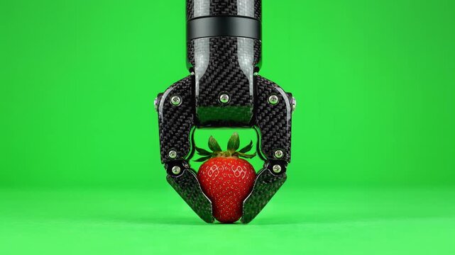 Robotic Gripper Picking Up a Vibrant Red Strawberry on a Green Background, Seamless Loop, Representing Automation and Precision Agriculture