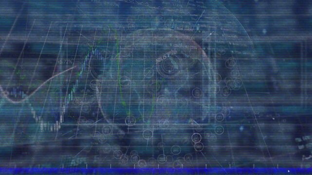 Animation of glitch effect and financial data processing over spinning globe against blue background