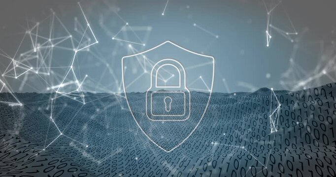 Animation of security padlock and network of connections against binary coding over digital wave