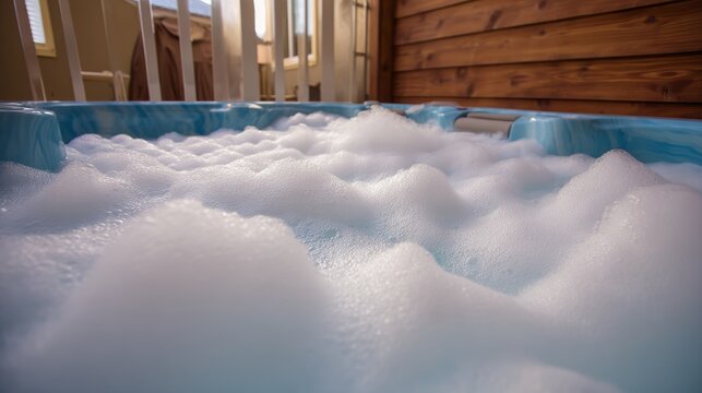 Hot tub bubbling water foam spa relaxation steam bath luxury wellness hydrotherapy background with white bubbles surface texture and soothing warm environment for leisure and comfort concept