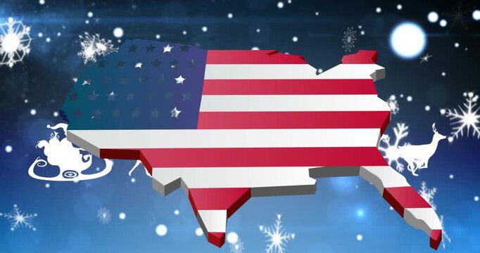 Animation of falling snow over usa flag and santa claus