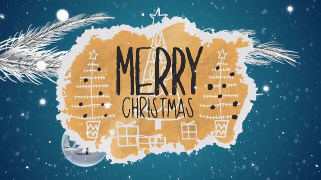 Animation of snow falling and merry christmas text over decorations on blue background
