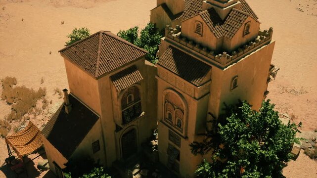 Sunlit mudbrick structure with decorative walls, Bright scene capturing traditional mud brick fortress with detailed facade amidst desert landscape and greenery