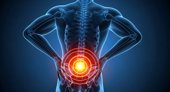 Back pain of man with spine and lumbar medical illustration of human skeleton