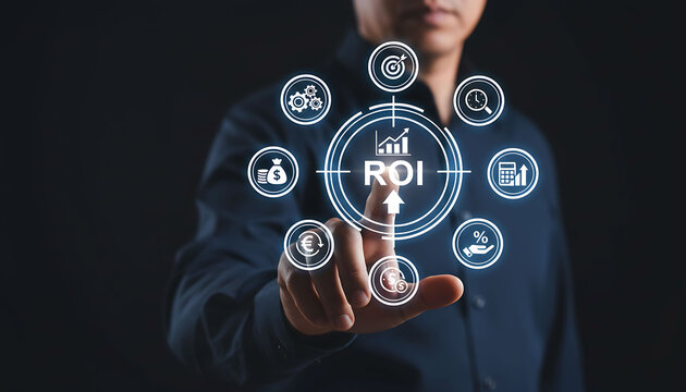 Businessman pointing to ROI return on investment icon for financial growth success