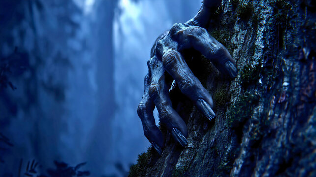 Close-up of a monstrous hand with sharp claws gripping a mossy tree trunk in a dark foggy forest, spooky horror and supernatural creature concept.