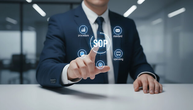 Businessman touching virtual SOP icon with standard operating procedure icons