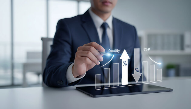 Businessman analyzing digital graph showing quality growth and cost reduction